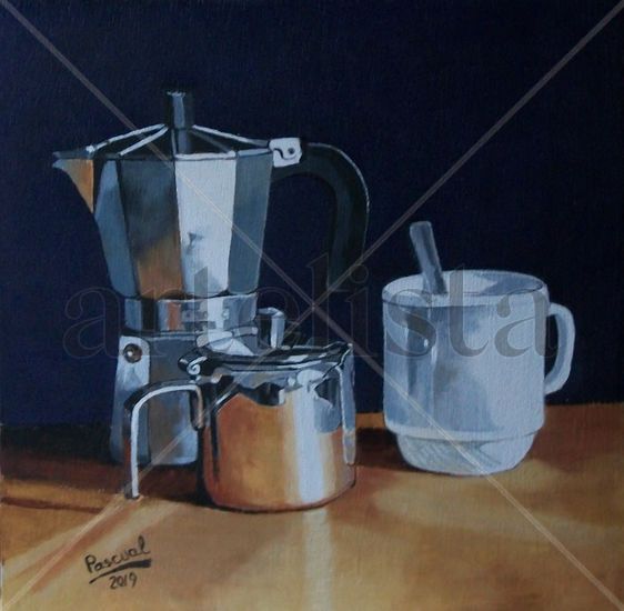 CAFETERA Y TAZA Acrylic Panel Still Life Paintings