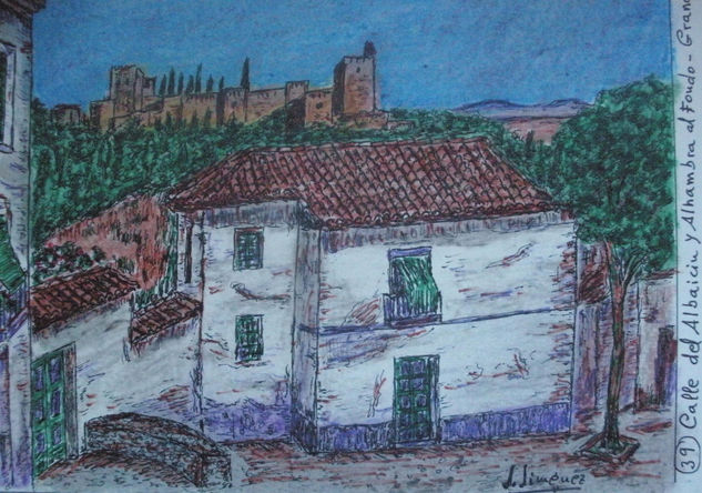 Granada en color-39-Calle de Albaicin y Alhambra al fondo Mixed Media