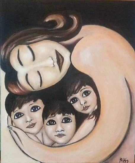 madre y sus 3 hijos., año 2016, constitución, chile. Acrylic Canvas Figure Painting