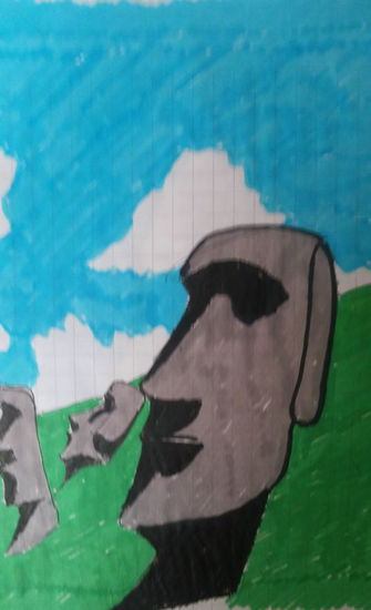 moai, año 2012, constitucion, chile. Felt-tip pen Paper Figure Painting