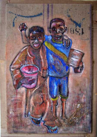 NIÑOS CON LATAS DE DAKAR Acrylic Textile Figure Painting