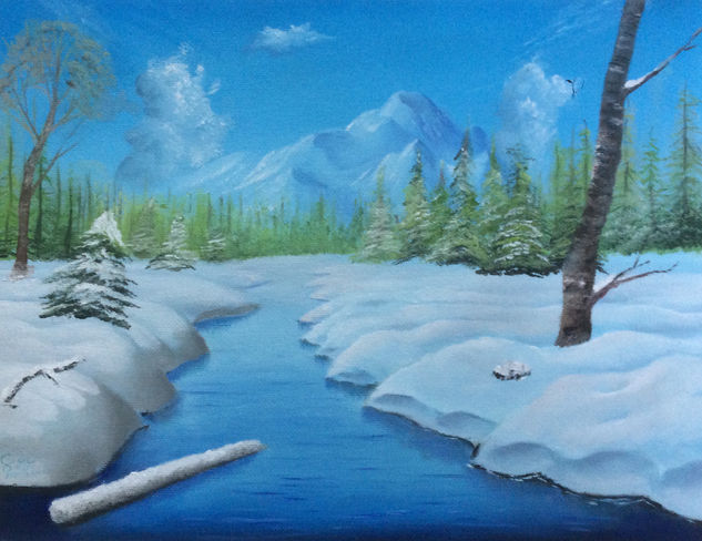 paisaje nevado con rio Oil Canvas Landscaping