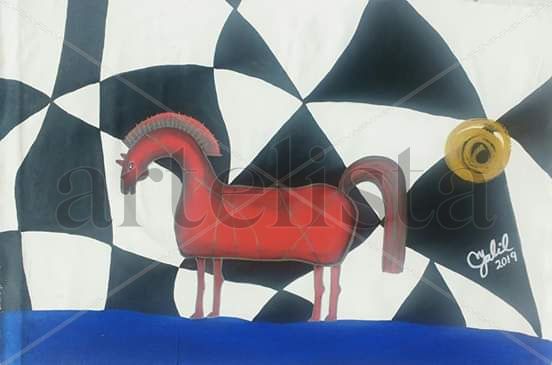 Caballo rojo en un cielo triangular Acrylic Canvas Animals