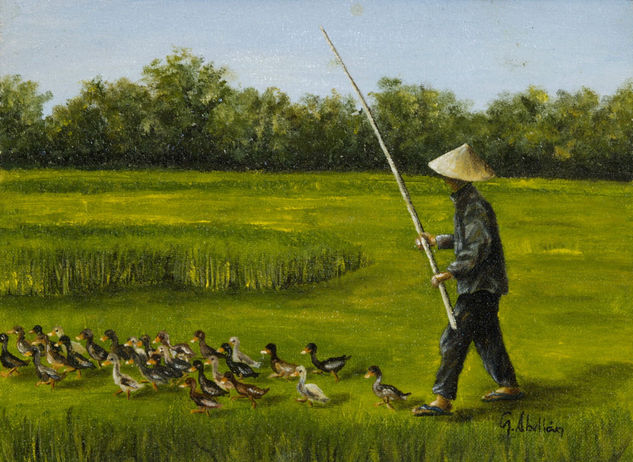 CUIDADOR DE PATOS Óleo Tabla Paisaje