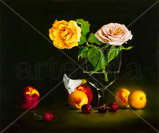 Bodegón y dos rosas. Oil Canvas Still Life Paintings