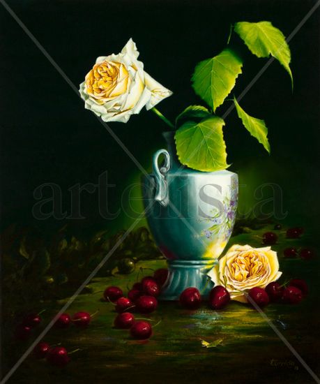 Jarrón y Dos Rosas Oil Canvas Still Life Paintings