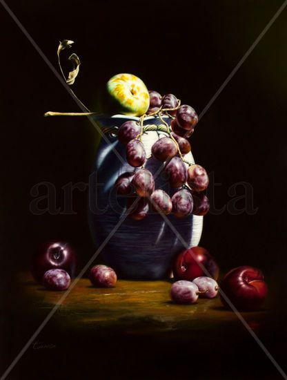 Uvas y Jarrón Violeta. Oil Canvas Still Life Paintings