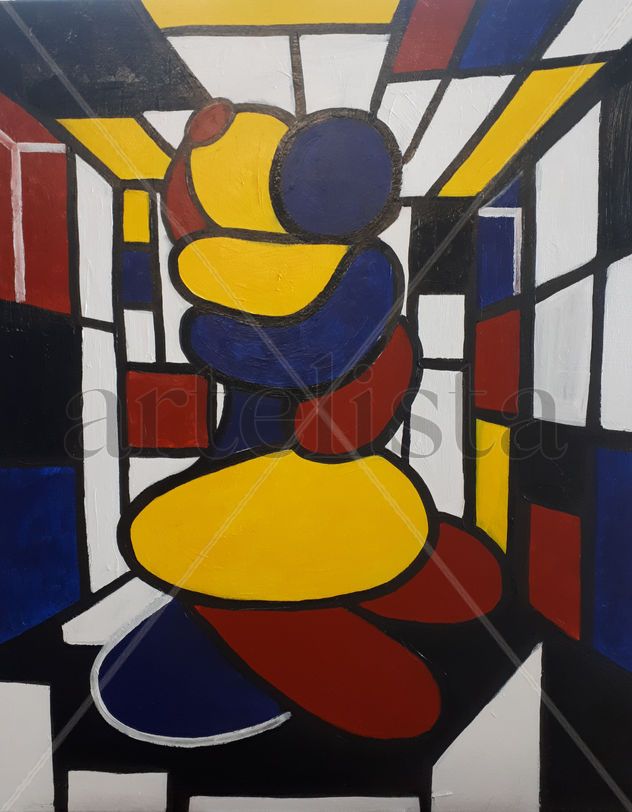 Pareja abrazada en un habitación Mondrian con ventanas y precipicio