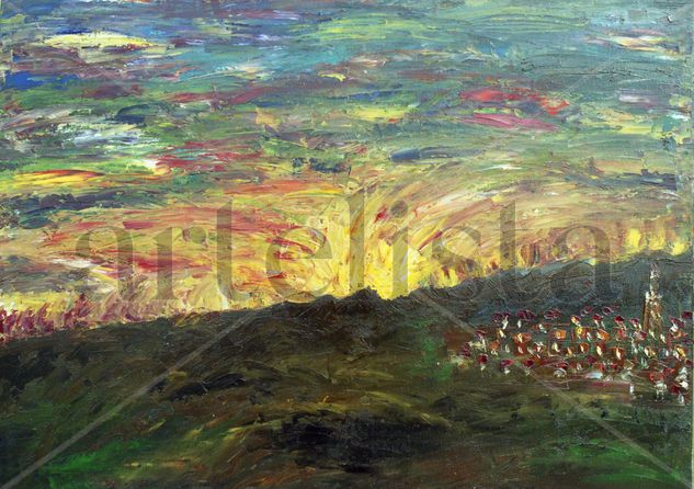 Amanecer con pueblo Oil Canvas Landscaping