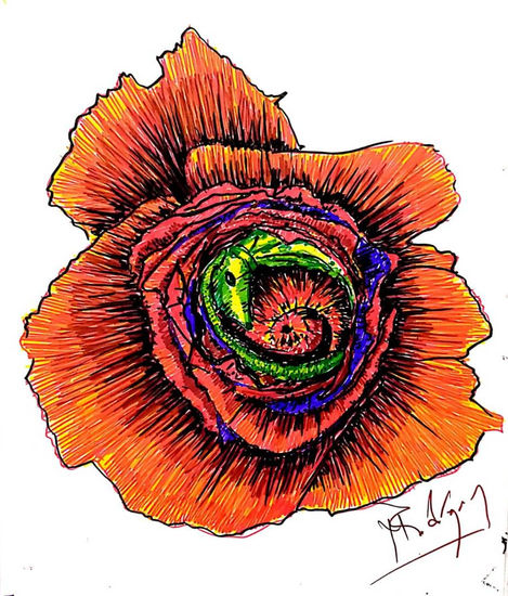 flor de la lagartija, año 2018, constitución, chile. Felt-tip pen Card Floral Painting