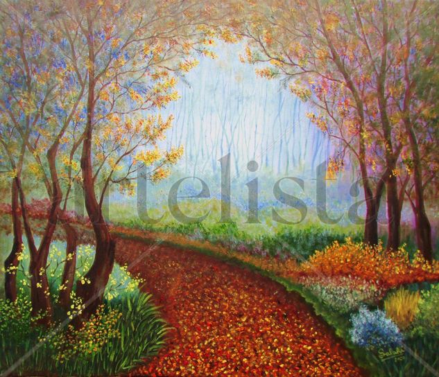 Niebla en el bosque. Oil Textile Landscaping