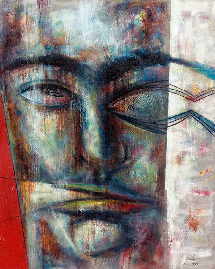 Rostro con pez Futurista. Media Mixta Lienzo Otros