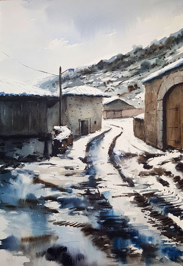 horreo en el pino-aller Acuarela Papel Paisaje