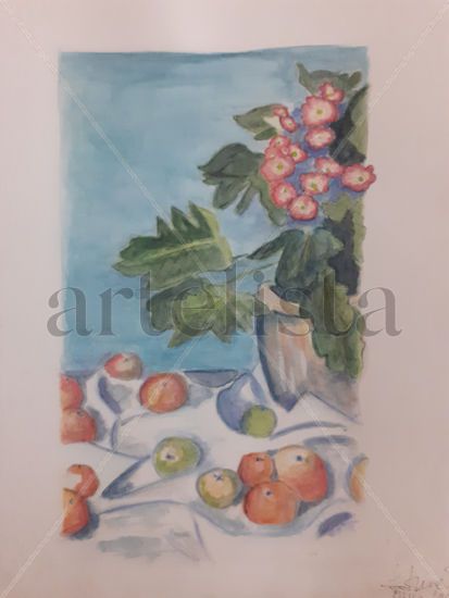 Florero y manzanas Acuarela Papel Floral