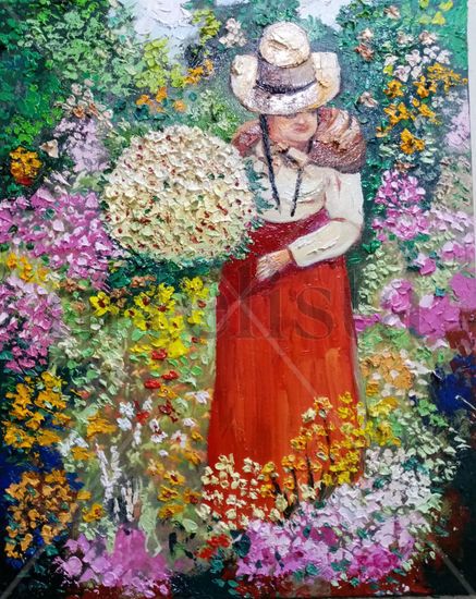 Cogiendo flores Oil Canvas Floral Painting