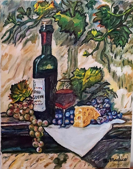 Bodegon de frutas y botella vino Oil Textile Still Life Paintings