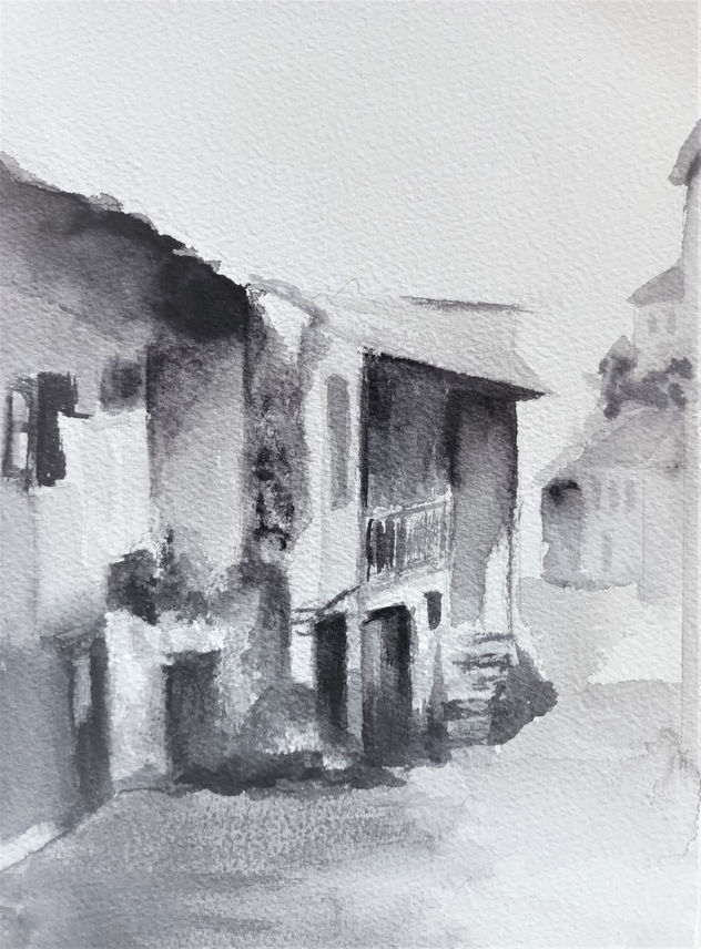 Paisaje pueblo en acuarela (blanco y negro)