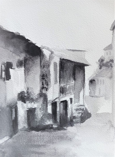 Paisaje pueblo en acuarela (blanco y negro) Acuarela Papel Paisaje