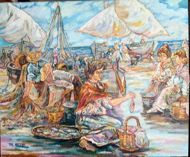 Mujeres preparando pescado en la lonja de la playa para venderlo Oil Textile Marine Painting