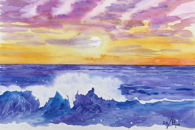 Ola en el amanecer Watercolour Paper Marine Painting