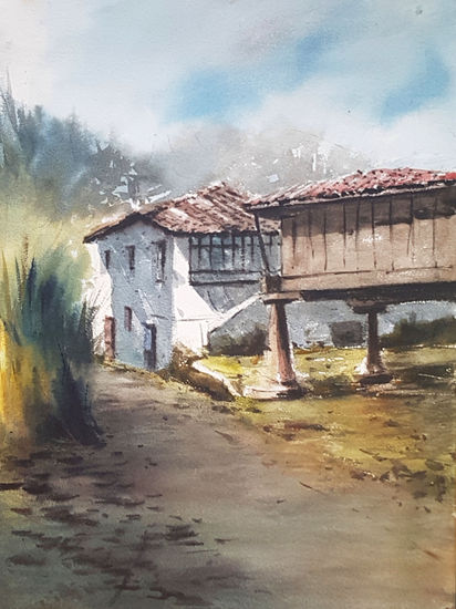 horreo en viñon Acuarela Papel Paisaje