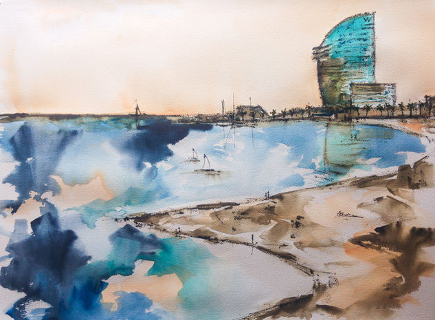 Barcelona - Hotel W Watercolour Paper Marine Painting