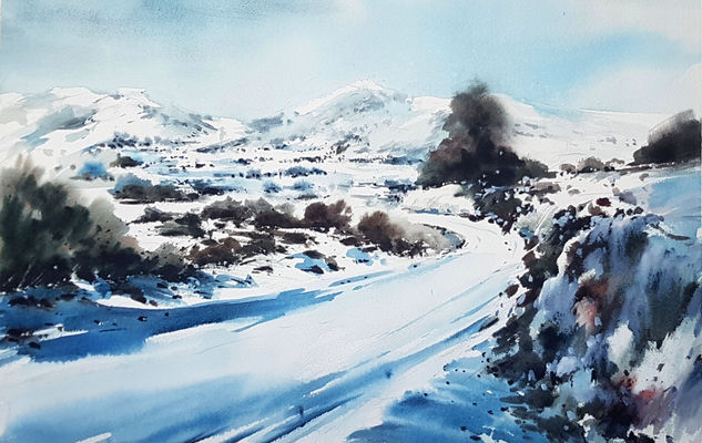 nieve en una carretera riojana Acuarela Papel Paisaje