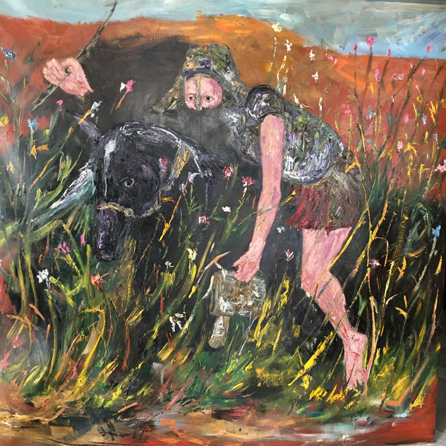 NO TENGO ARMA, SOLO RIEGO LAS FLORES.- 200x200cm