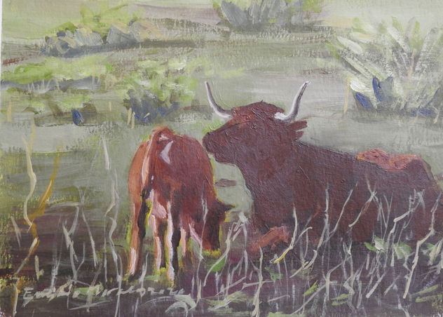 Vaca con su ternero en las marismas del Guadalquivir