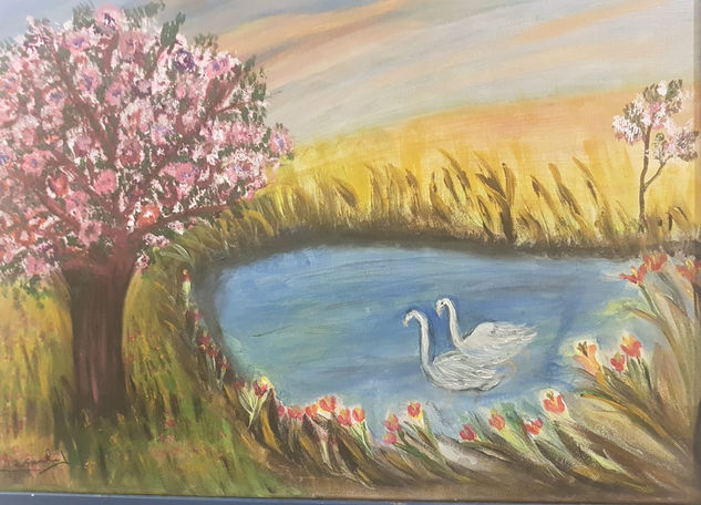 Lago con cisnes Oil Canvas Landscaping