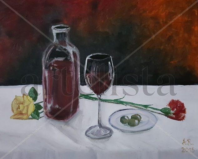 Bodegón de vino tinto y aceitunas Oil Canvas Still Life Paintings