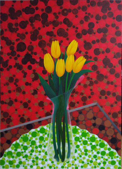 Tulipanes con fondo rojo Acrylic Card Still Life Paintings