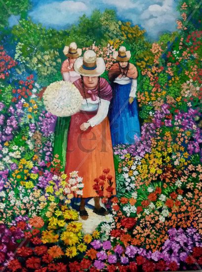 Latinas con flores Oil Canvas Floral Painting