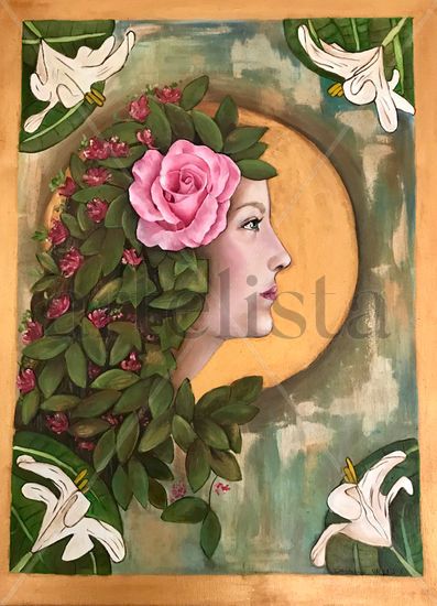 Donna con fiori Oil Canvas Portrait