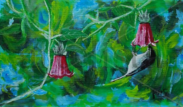 Pajarillo libando flores Acrylic Others Floral Painting