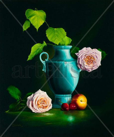 Jarrón Azul y Rosas Oil Canvas Still Life Paintings