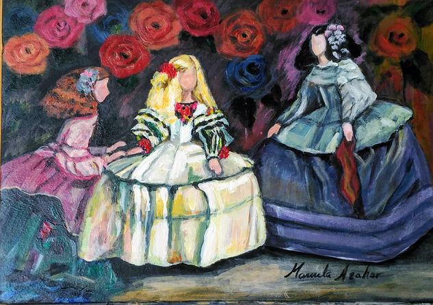 Meninas sobre fondo de rosas Oil Canvas Figure Painting