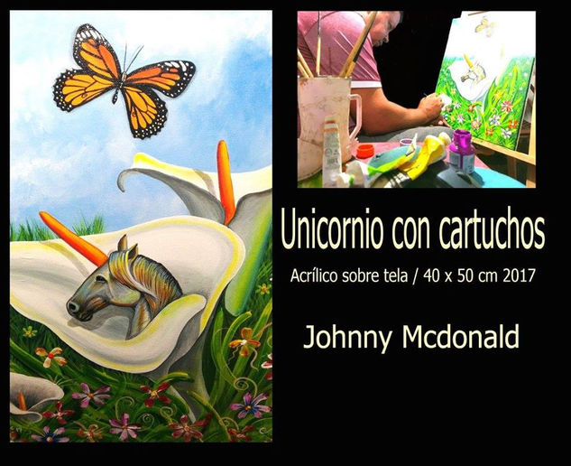 UNICORNIO CON CARTUCHOS, PINTURA HONDUREÑA Acrílico Lienzo Floral