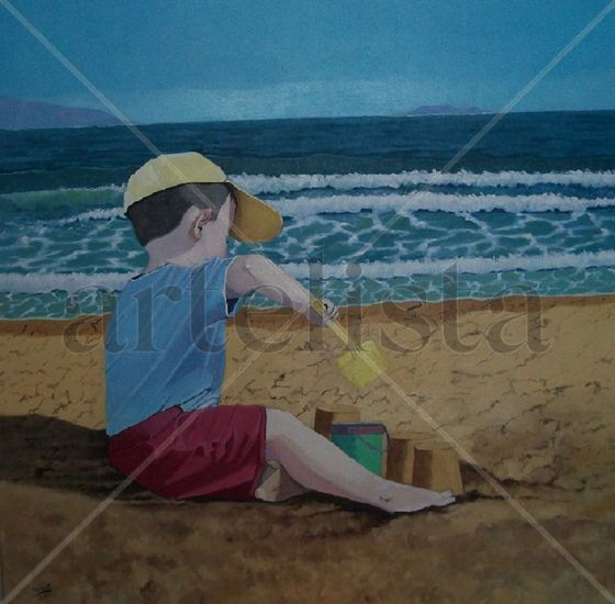 NIÑO JUGANDO EN LA PLAYA Oil Canvas Figure Painting