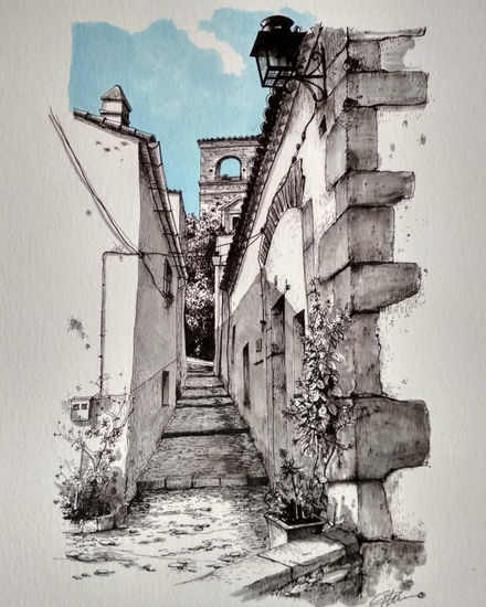 Calle del barrio Judío de Cáceres - España Técnica Mixta