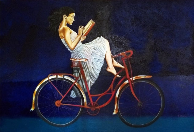 lectora en bici Oil Textile Figure Painting