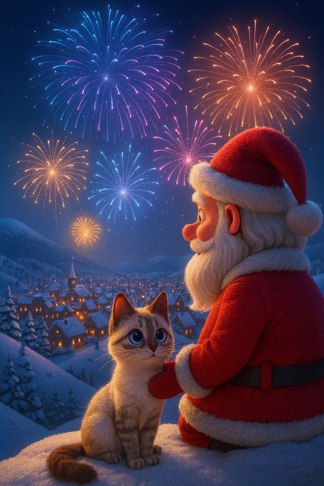 GATITOS EN NAVIDAD "KITTY ACOMPAÑA A SANTA CLAUS A VER LOS JUEGOS PIROTÉCNICOS