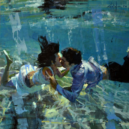 Kissing underwater Oil Panel Marine Painting