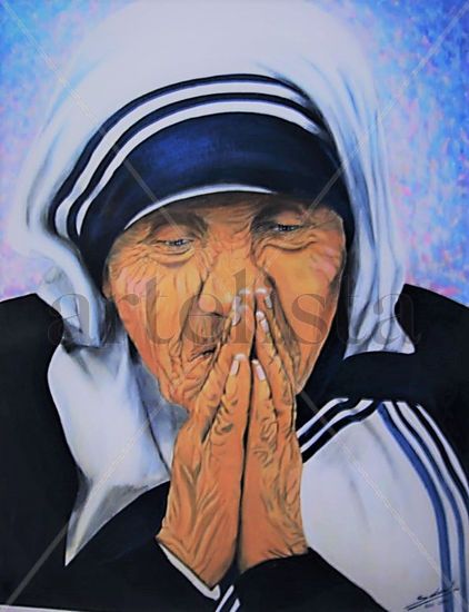 "Madre Teresa de Calcuta en Oracion" Mixed media Canvas Figure Painting