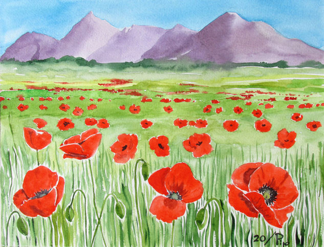 campo de amapolas Watercolour Paper Floral Painting