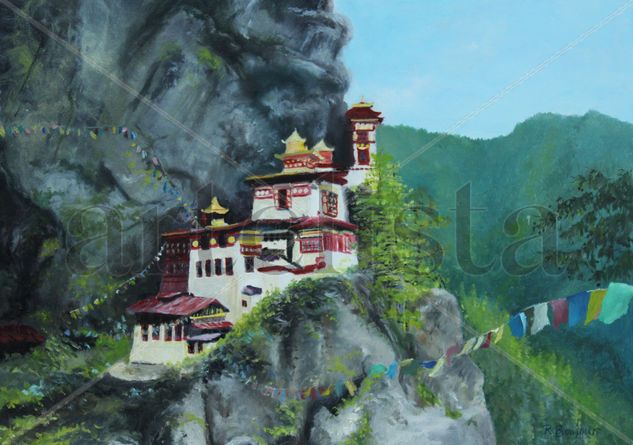 Taktshang  monastery Bouthan Óleo Tabla Paisaje