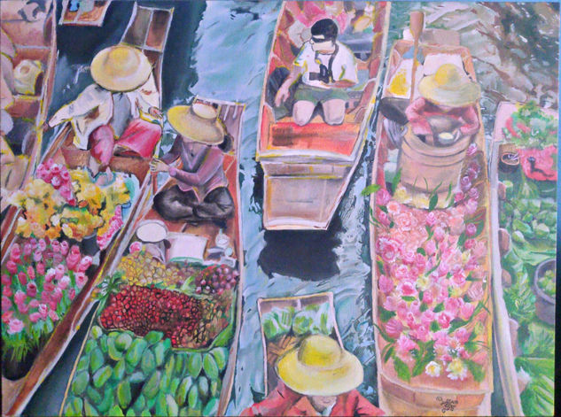 "The floating flower market in Bangkok" Oil Canvas Figure Painting