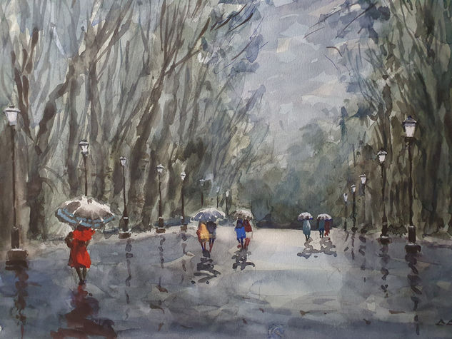 LLUVIA EN EL RETIRO Watercolour Card Landscaping