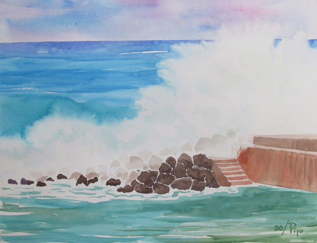 olas en el espigón Watercolour Paper Marine Painting