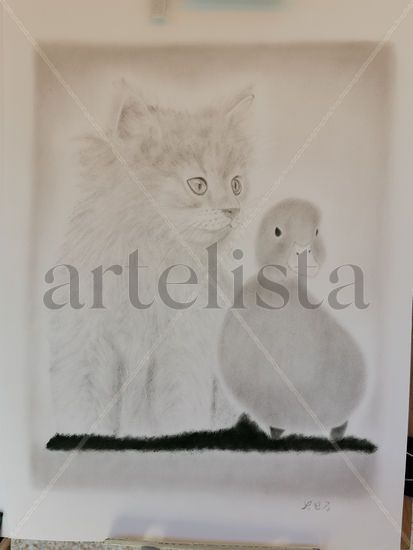 Gato y pato Oil Paper Animals